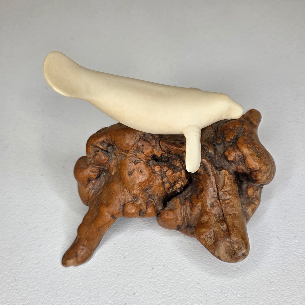 John Perry Manatee Figurine Burl Wood Base Sculpture Art Beach House Decor